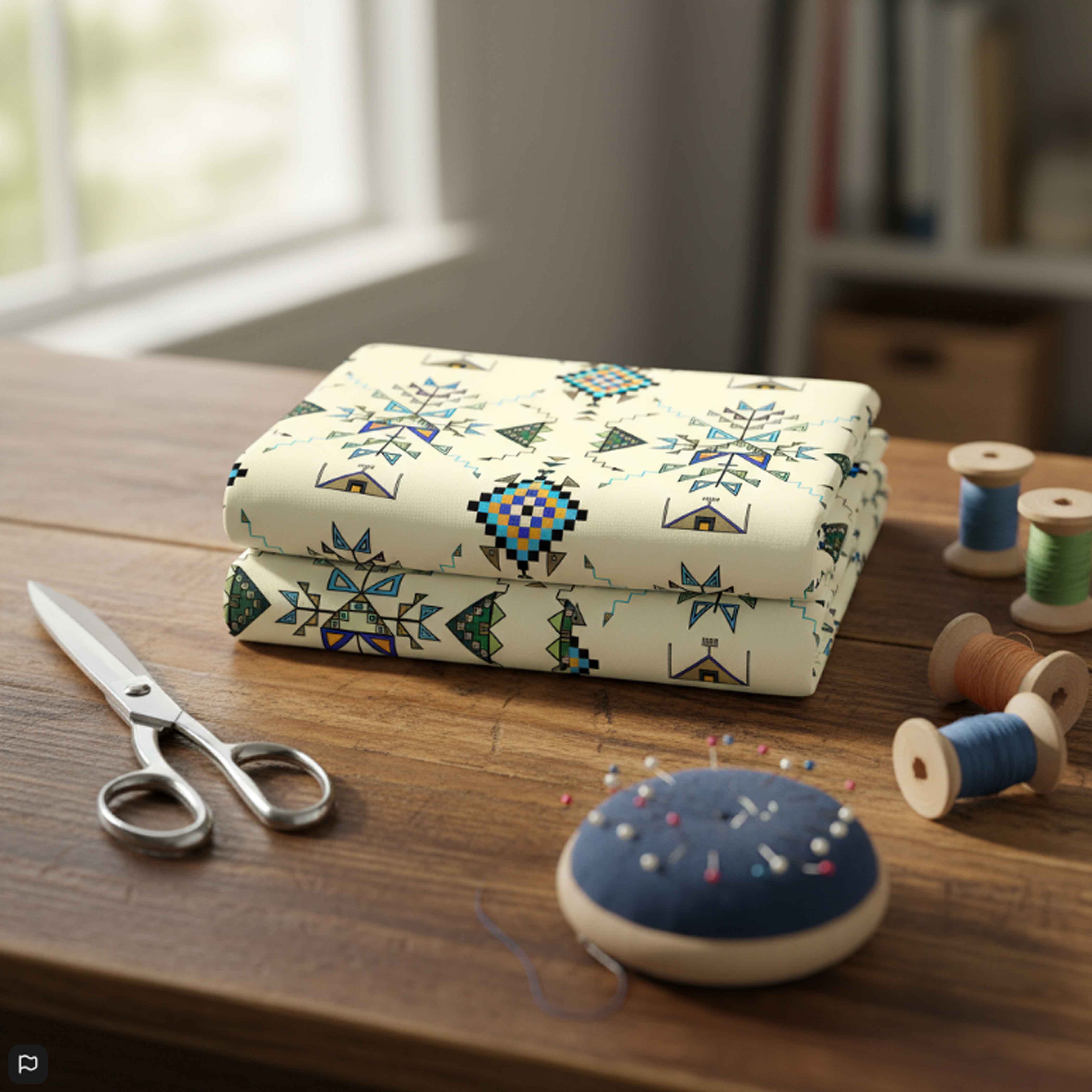 Bear Shield Cream Cotton Poplin